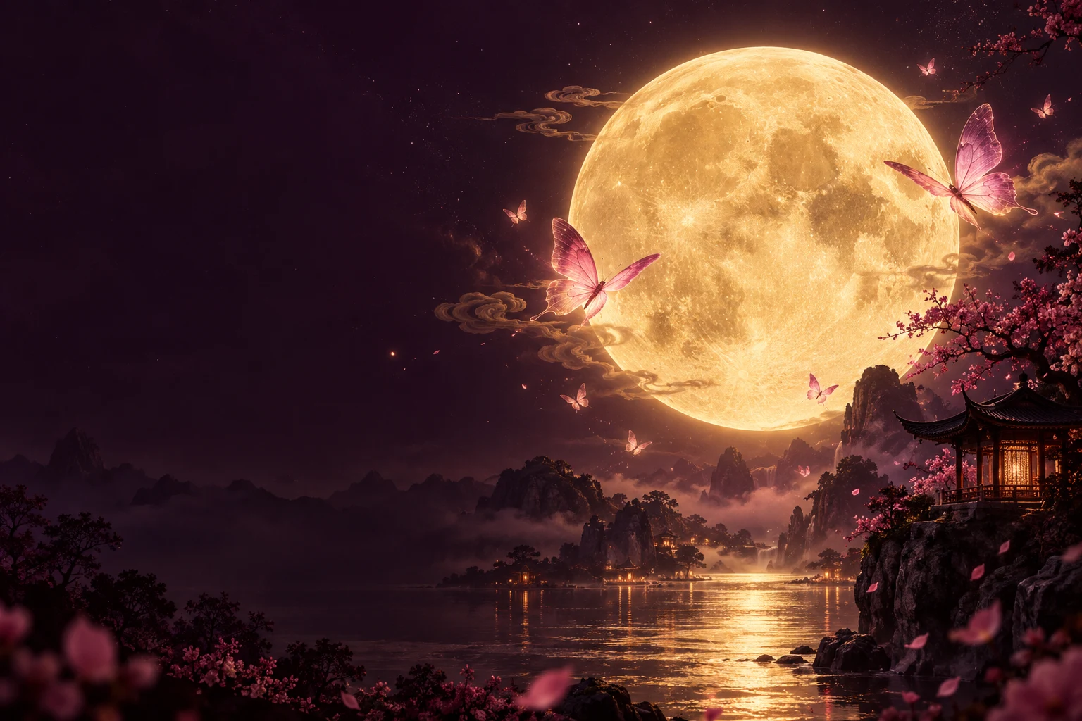 金色圆月与月夜中振翅的粉色蝴蝶
